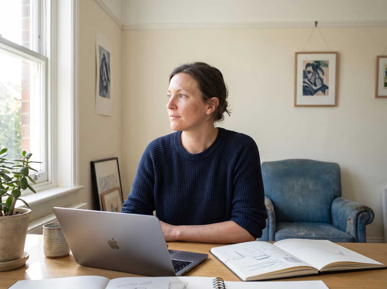 A self-employed creative professional in her light-filled home studio